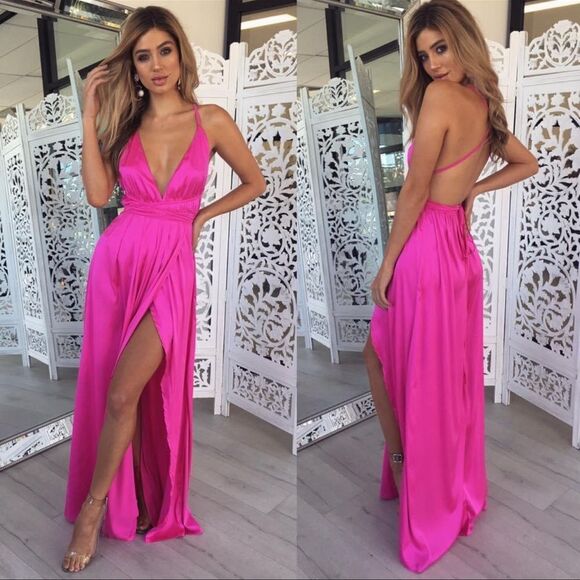 Sexy Satin Cocktail Pink ROSE MAXI Strappy Tie Frame no High Slit DRESS - Picture 1 of 12